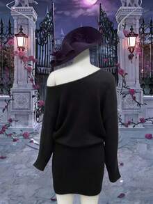 INAWLY Vestido de punto con cuello asimétrico, otoño/invierno - Negro - Ver 2
