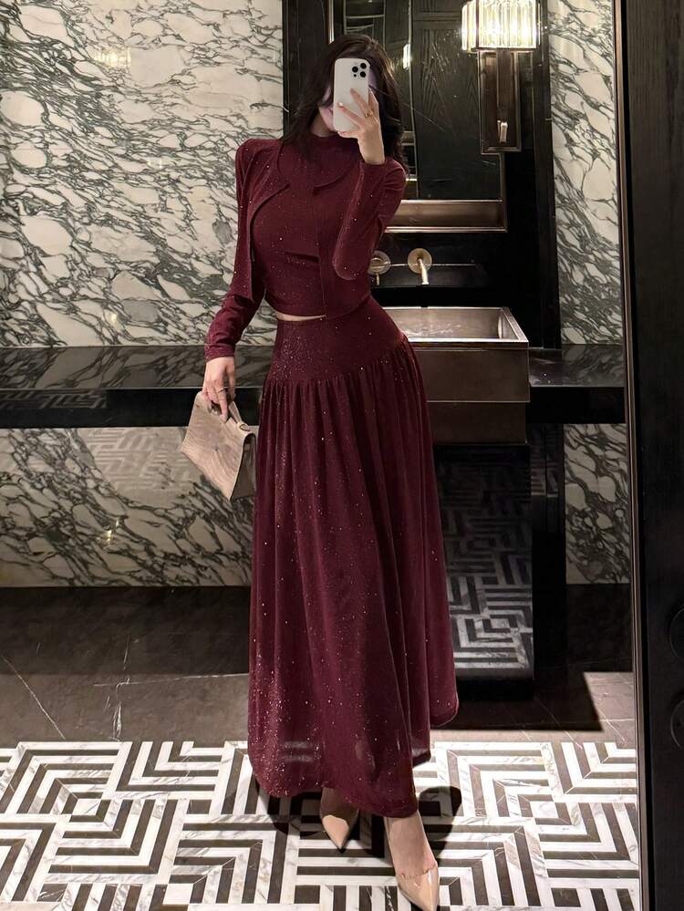 Women's Elegant Solid Color Side Ruched Keyhole Neck Top And Skirt 2 Pieces Set, Autumn,New Year