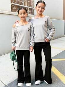 Sparklyn Teen Girls 2-Piece Set Teen Girls'careful Machine With Off Shoulder Design, Exquisite Bow Embroidery, Light Gray Loose Long Sleeved Short Hoodie+High Waist Black Bell Bottom Pants,Comfortable Thickness, Casual And Fashionable Suit Suitable For Campus Dressing/Shopping Exploration/Girlfriends Gathering, Spring And Autumn Daily Items - Multicolor - View 1