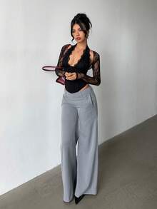 Aloruh Women's New Romantic Elegant Alluring Sexy Lace Patchwork Tight Hollow Out Long Sleeve Blouse, Suitable For Date, Party, Outing,Black Top - Black - View 5