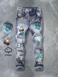 SHEIN Coolqubz 1pc Tween Boys Printed Stretch Denim Jeans, New Casual Street Style For School, Travel, Outdoor Wear! Classic Washed Blue Denim Fabric, Hand-Rubbed Craft + Letter Print Design, Personalized And Fashion, Regular Waistband + Button Fly, Easy To Put On And Take Off,Unisex - Dark Wash - View 1