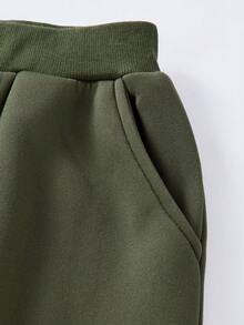 SHEIN Vacaura Bộ 2 món áo hoodie nỉ dáng rộng màu trơn hở vai phong cách đường phố giản dị cho bé trai tuổi mới lớn và quần túi hộp, mùa thu/đông - xanh quân đội - Xem 6