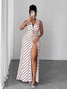 Maweii 大码女式休闲条纹针织扭结设计连衣裙 - 彩色 - 查看 7