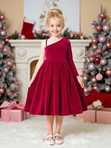 Glamorique Kids Young Girls Elegant Charming Cute Wine Red Single Sleeve Bowknot Waist Slim Velvet Flared Dress - Burgundy - View 3