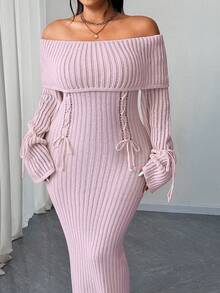 Elenzga Váy len buộc eo trễ vai màu trơn cỡ lớn cho nữ - Hồng - Xem 1