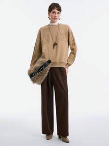 SHEIN LUNE Women's Solid Color Round Neck Drop Shoulder Long Sleeve Loose Fashion Versatile Rhinestone Embellished Sweatshirt - Khaki - View 5