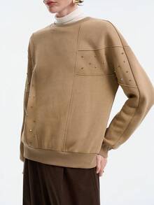 SHEIN LUNE Women's Solid Color Round Neck Drop Shoulder Long Sleeve Loose Fashion Versatile Rhinestone Embellished Sweatshirt - Khaki - View 7