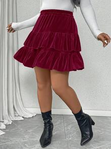 SHEIN Clasi Minifalda casual de terciopelo con dobladillo de volantes de doble capa para tallas grandes - Burdeos - Ver 4