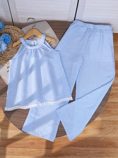 SHEIN Tween Girls' Vacation Casual Striped Halter Top And Pants Set
