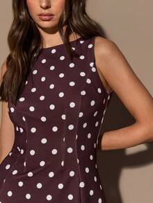 SHEIN BAE 女士秋冬棕色波点无袖A字优雅连衣裙，适合派对、正式聚会、伴娘礼服、晚宴、万圣节、圣诞节等场合。 - 棕色 - 查看 7