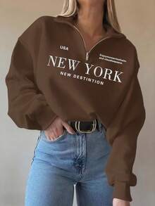 INAWLY 纽约字母印花半拉链领长袖宽松休闲女式卫衣 - 棕色 - 查看 3