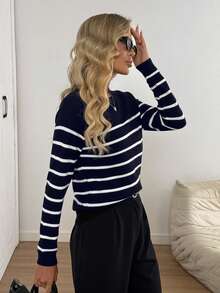Easowa Black & White Striped Long Sleeve Sweater For Women, Warm And Fashionable For Fall/Winter Back To School - Navy Blue - View 4