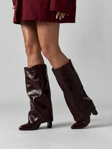 MISSGUIDED Botas altas de piel de patente con tacón de bloque para otoño e invierno, moda llamativa, estilo holgado, botas altas para vestir, calzado para eventos y ocasiones especiales - Café integral - Ver 2