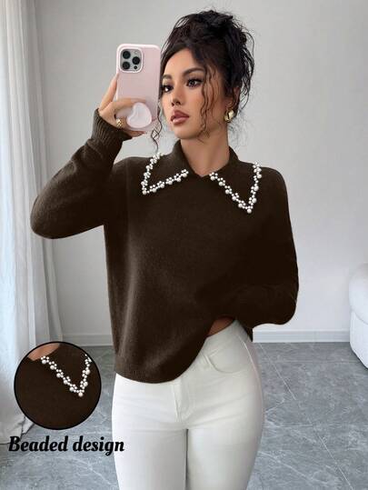 SHEIN Elenzya Women's Autumn/Winter Aniusta Casual Top, Suitable For Vacation, Independence Day, Labor Day, Columbus Day, Thanksgiving, Valentine's Day, Vintage, Stockholm, Tulum, Korean Style, Elegant, Versatile, Student, Teacher, Gothic, Office, Business Casual, Back To School Season, Embellished Collar Black Knit Sweater