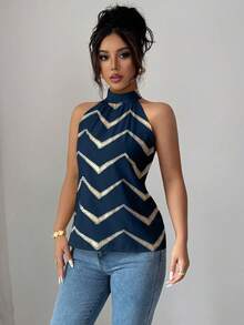 Elenzga 女士时尚优雅休闲印花露肩无袖衬衫 - 藏蓝色 - 查看 6