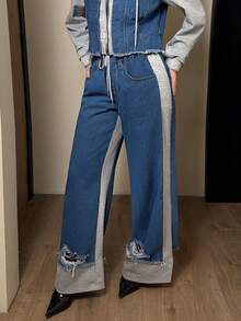 Jeanoix Women's Drawstring Waist Pocket Distressed Wide Leg Loose Casual Jeans - Blue - View 4