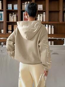 Muchica Áo nỉ chui đầu màu kaki cho nữ, áo nỉ dáng rộng họa tiết chữ cái, cổ có mũ và tay dài rớt vai, áo nỉ nữ, áo nỉ nữ phong cách Y2K, áo nỉ màu nâu, áo nỉ nữ. - Màu Khaki - Xem 2