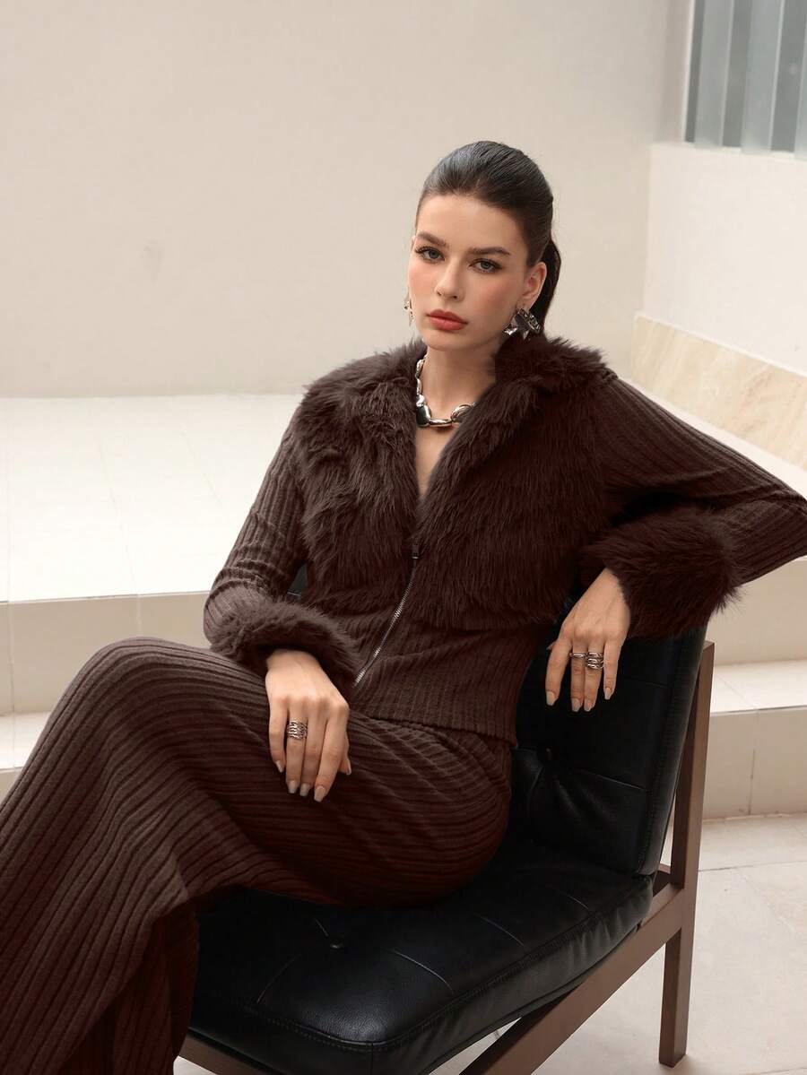 Modelyn 2pcs/Set Grey Faux Fur Trim Knit Top And Straight Leg Pants Set, Autumn/Winter - Coffee Brown - View 1
