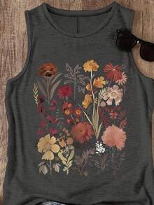 EMERY ROSE 大码女式花卉印花圆领休闲背心，夏季 - 深灰色 - 查看 3