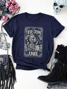 SHEIN LUNE Skull Girl Slogan Round Neck Short Sleeve Fashionable Plus Size Women T-Shirt Halloween - Blue - View 3
