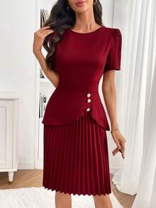 Ellevyn Váy xếp ly màu đỏ cho nữ, tay ngắn màu trơn, thiết kế bất đối xứng, khóa kim loại trang trí, thanh lịch để mặc hàng ngày và đi làm, đầu xuân - Màu Đỏ Sâu - Xem 7