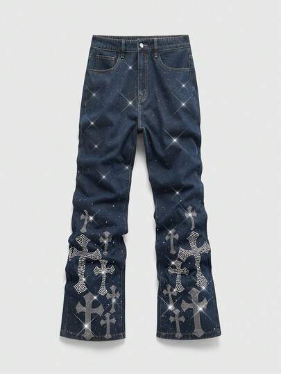 Street Life Jeans en denim avec ornements de strass en forme de croix pour hommes