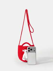 We Bare Bears X SHEIN Women's Casual Large Capacity Christmas Cute Cartoon Bear Pattern Knitted Shoulder Bag With Letter Pendant - Red - View 7