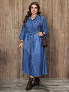 EMERY ROSE Plus Size Women Elegant Belted Denim Dress - Light Wash - View 7