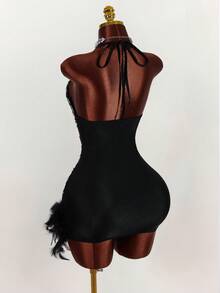 Y2K Amplova Deep V-Neck Halter Sequin & Furry Patchwork Bodycon Mini Dress - Multicolor - View 7