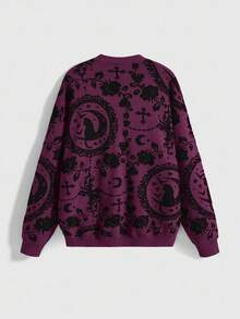 ROMWE Goth Sudadera oscura con estampado completo de gato negro misterioso de la luna del palacio gótico, adecuada para Halloween - Morado - Ver 2