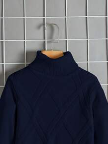 SHEIN 青少年男孩休闲舒适百搭高领毛衣 - 藏蓝色 - 查看 4