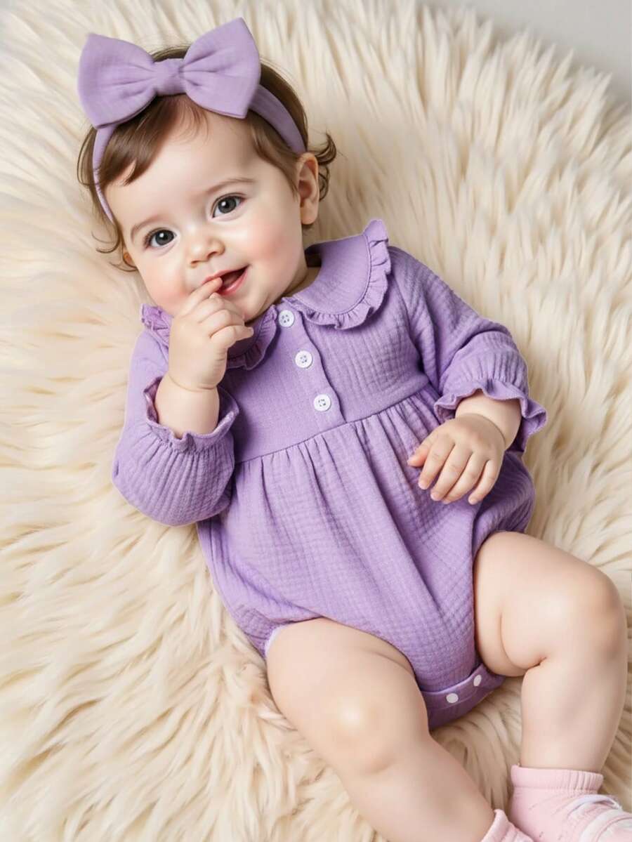 SHEIN 女婴休闲可爱彼得潘领荷叶边长袖连体衣,舒适百搭,适合秋冬季外出穿着 - 紫色 - 查看 1