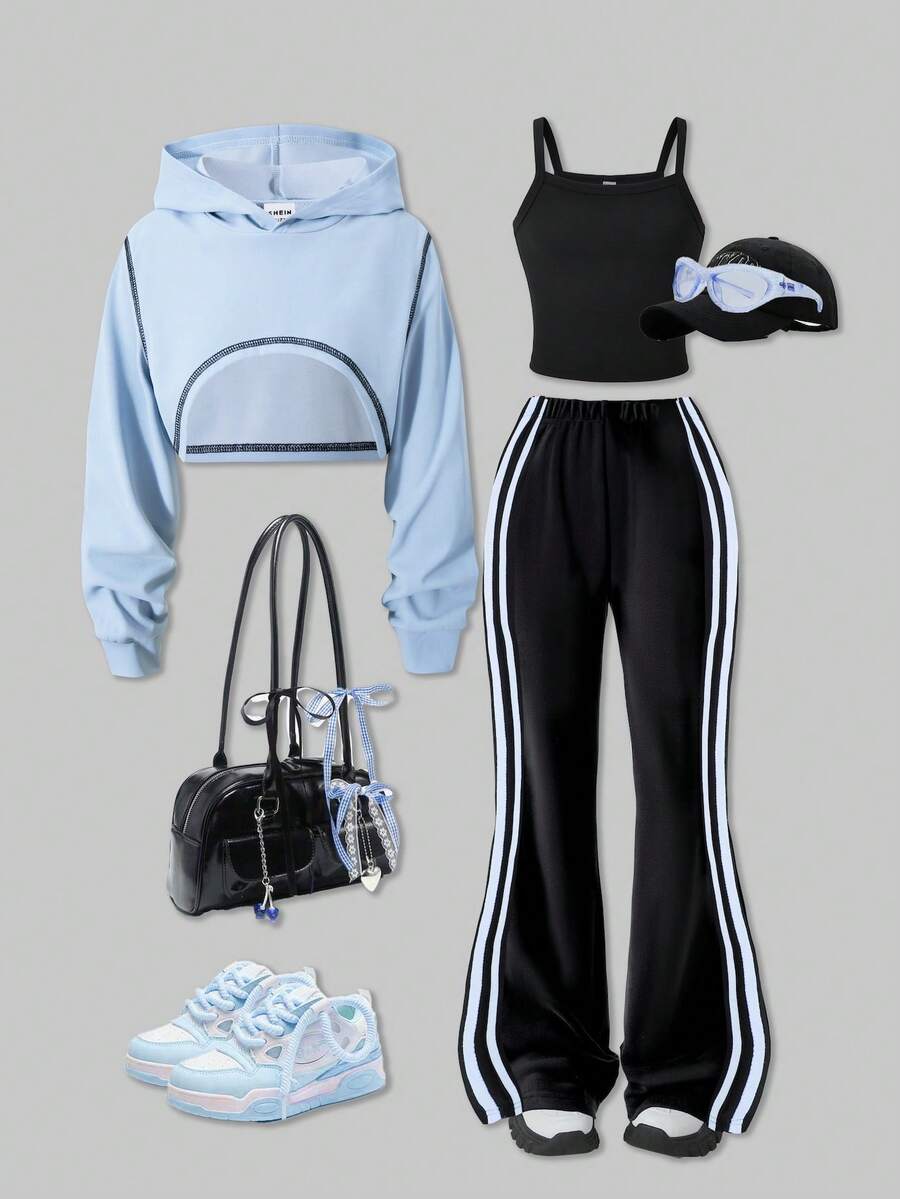 SHEIN ChillGRL 三件套街头酷炫女童套装：长袖短款连帽衫、吊带背心和休闲针织喇叭裤，适合日常休闲穿着和时尚派对，春秋季，YK2 服装 - 藍色 - 查看 1