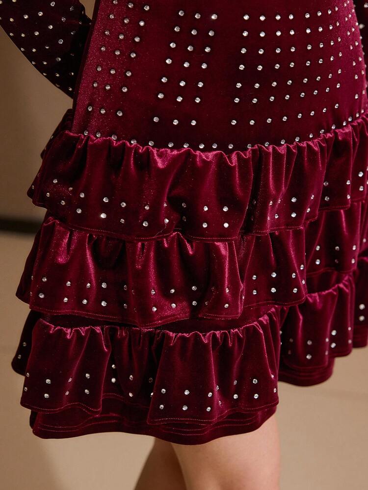 RHINESTONE EMBELLISHED VELVET RUFFLE HEM MINI DRESS