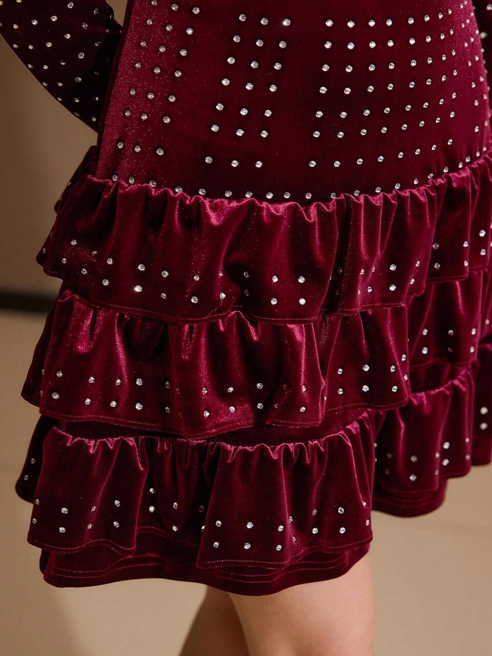 RHINESTONE EMBELLISHED VELVET RUFFLE HEM MINI DRESS
