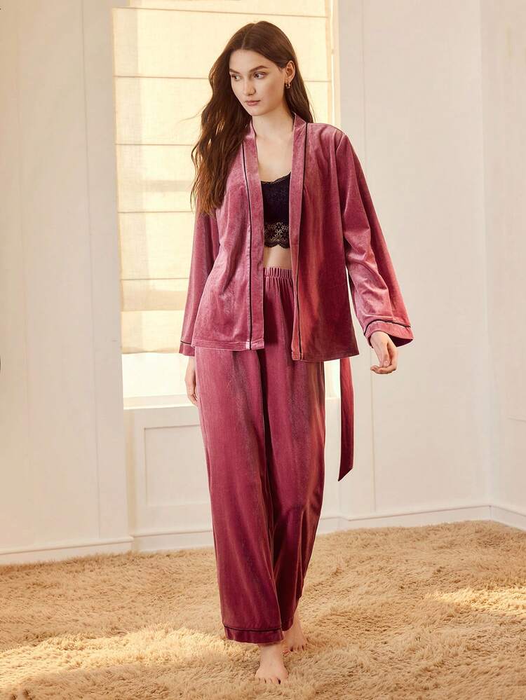 VELVET BELTED TOP & PANTS LOUNGE SET