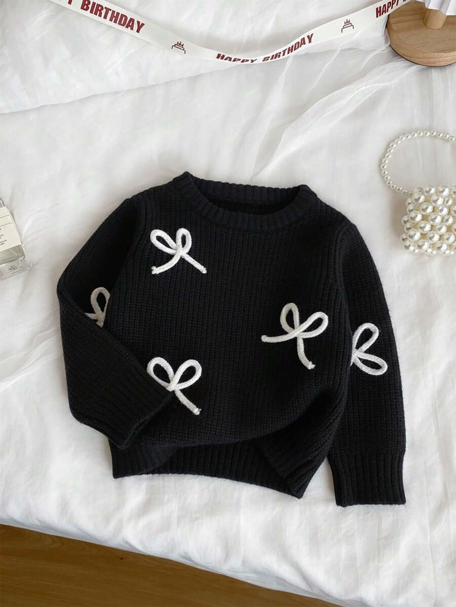 SHEIN Vintaside Kids 时尚百搭可爱蝴蝶结针织套头毛衣,适合年轻女孩 - 黑色 - 查看 1