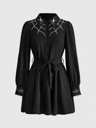 ROMWE Gothic Style Spider Web Embroidery A-Line Dress