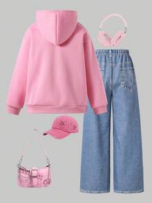 SHEIN ChillGRL 两件套少女星形字母印花保暖连帽卫衣搭配休闲阔腿牛仔裤，适合日常通勤和街拍穿搭，秋冬季 - 粉色 - 查看 2