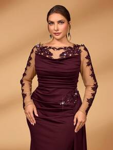 Serin فستان طويل أنيق فاخر شفاف بأكمام طويلة مزين بالتطريز والدانتيل والخرز والراين ستون والكشكشة الحريرية والذيل غير متماثل، مناسب للزفاف والحفلات والسهرات والمناسبات الرسمية وفستان أم العروس (مزخرف بشكل كبير)، عيد الحب - عنابي اللون - مشاهدة 6