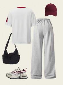 SHEIN ChillGRL 2pcs/Set Teenage Girls Casual Fashion Streetwear Comfortable Numeric Pattern V-Neck Short Sleeve Wide Leg Sweatpants Set - Multicolor - View 2