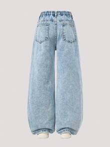 SHEIN ChillGRL Tween 女童时尚雪花刺绣阔腿水洗牛仔裤，适合春夏秋冬 - 淺色水洗藍 - 查看 2