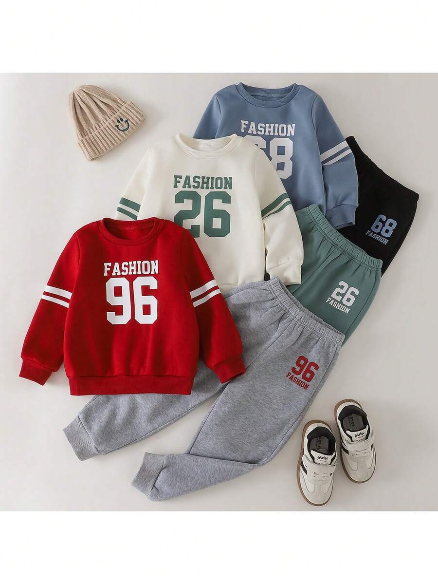 THE HAPPY LOOK 6pcs/Set Young Boy Letter Graphic Soft Knit Crew Neck Long Sleeve Pullover Sweatshirt & Elastic Waist Pants Boy Casual Sets Boy Clothes Set Winter - Multicolor - View 1