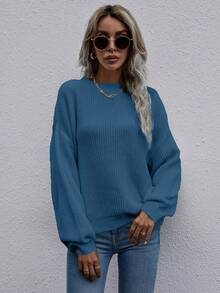 SHEIN LUNE Suéter de manga larga minimalista de unicolor y casual para mujer - Azul - Ver 5