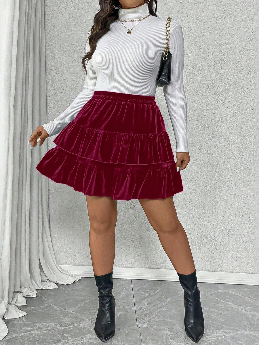 SHEIN Clasi Minifalda casual de terciopelo con dobladillo de volantes de doble capa para tallas grandes - Burdeos - Ver 1