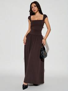 SHEIN PETITE 优雅蝴蝶结系腰褶皱方领泡泡袖长款连衣裙，适合约会、夏季穿着，女士夏季连衣裙 - 棕色 - 查看 5