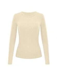 INAWLY 3pcs/Set Plus Size Women Solid Color Round Neck Long Sleeve Ribbed T-Shirts - Multicolor - View 5