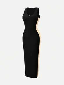 Nuvra 女士黑色针织吊带无袖系带修身开衩撞色绷带针织连衣裙 - 黑色 - 查看 2