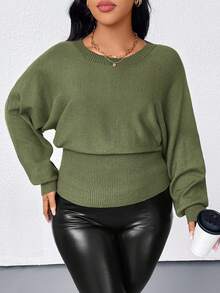 Elenzga Plus Size Casual Solid Color Batwing Sleeve Sweater, Autumn/Winter - Green - View 5