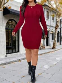 EMERY ROSE Váy len cổ tròn dáng chữ A trơn màu đơn sắc cỡ lớn dành cho nữ - Đỏ - Xem 5